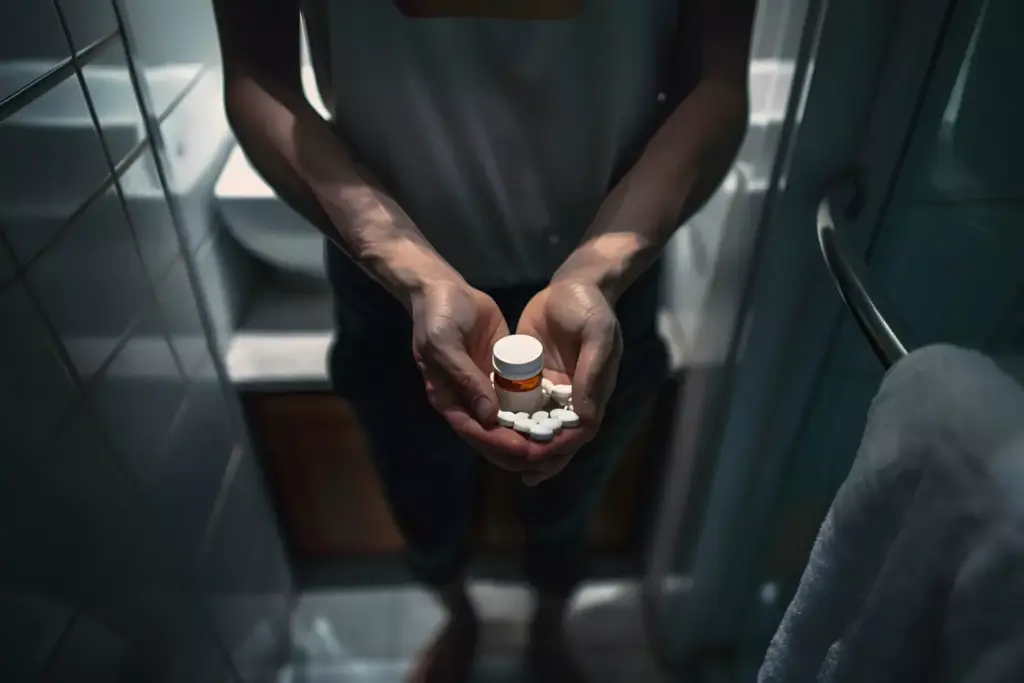 A person consumed by the relentless grip of substance use disorder, their features sunken and shadowed, eyes haunted by the weight of their addiction. In the foreground, discarded drug paraphernalia litters the scene, a stark reminder of the daily struggle. The middle ground depicts a dimly lit, cluttered room, a reflection of the disarray and chaos that often accompanies this condition. The background fades into a hazy, desaturated landscape, conveying the sense of isolation and disconnection experienced during active addiction. Harsh, dramatic lighting casts deep shadows, evoking the darkness and despair that can encompass one's life when trapped in the cycle of substance dependence.