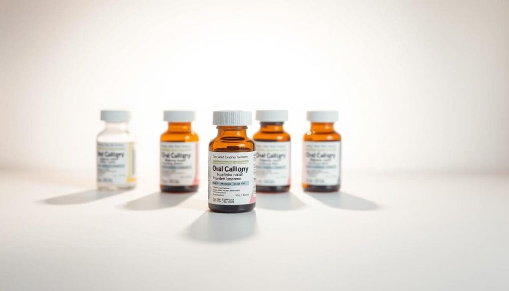A neatly arranged still life of several oral chemotherapy medication bottles for breast cancer treatment. The bottles are positioned in the foreground, casting soft shadows on a clean, white background. The lighting is warm and diffuse, accentuating the details and textures of the medication packaging. The composition is symmetrical and balanced, with the bottles placed at slightly varied angles to create visual interest. The overall mood is one of clinical precision and medical efficacy, conveying the importance of these treatments for breast cancer patients.