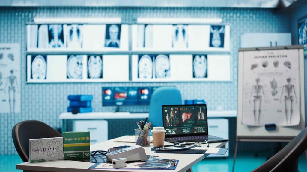 A detailed medical examination room, softly lit from overhead with a warm, clinical ambiance