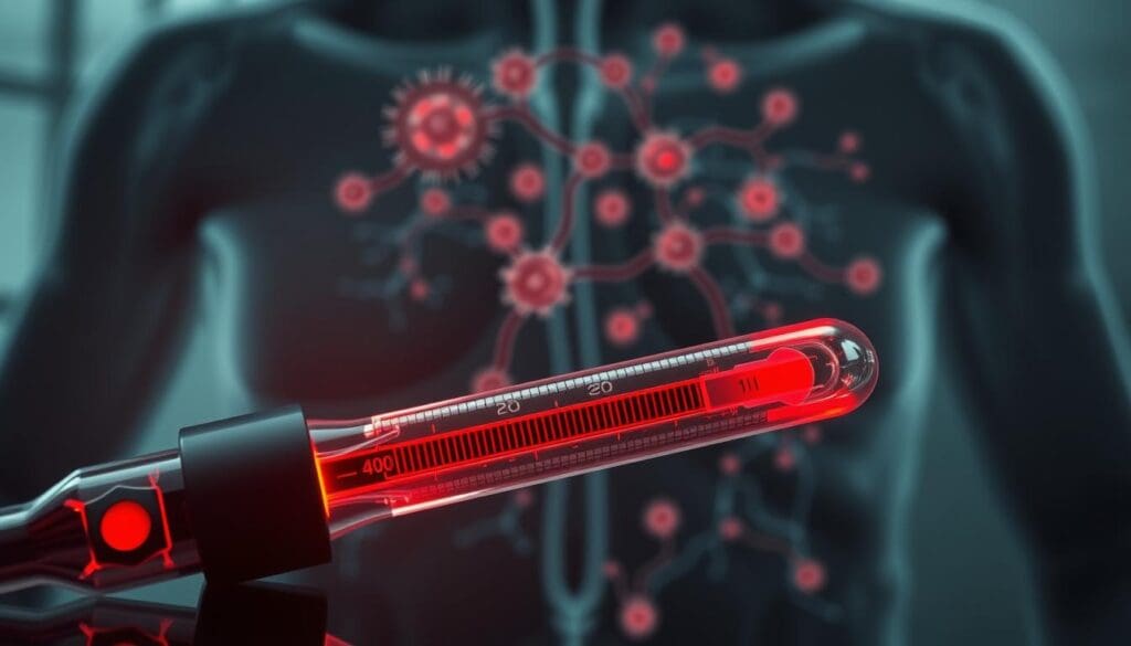 A detailed illustration of the interplay between leukemia and fever. In the foreground, a glowing red thermometer symbolizes the elevated body temperature, while behind it, a schematic representation of leukemic cells invades the bloodstream. The middle ground depicts a network of veins and arteries, with the leukemic cells spreading through the circulatory system. In the background, a softly blurred medical backdrop, suggesting the clinical context. Muted tones evoke the seriousness of the subject matter, while carefully placed lighting casts dramatic shadows, heightening the sense of tension and urgency. An impactful visual metaphor for the powerful connection between this blood cancer and its characteristic fever symptoms.