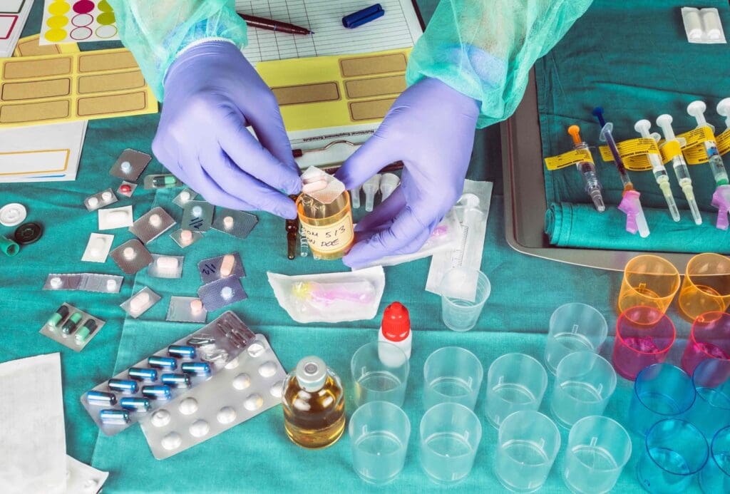A well-lit laboratory setting showcasing a variety of chemotherapeutic drugs commonly used to treat brain cancer.
