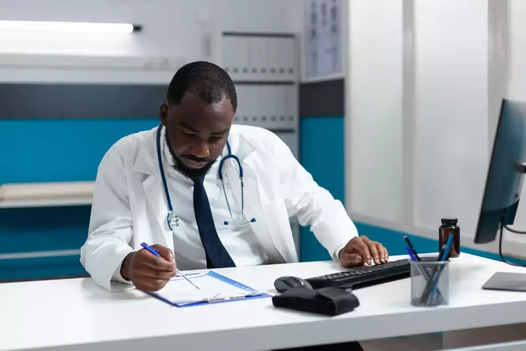 A dimly lit medical office, the walls adorned with anatomical charts and certificates. In the foreground, a doctor's hand holds a pen, poised over a clipboard filled with detailed notes, capturing the critical essence of a medical diagnosis. The middle ground features a patient sitting upright, expression thoughtful yet concerned, awaiting the doctor's assessment. Soft, warm lighting casts a contemplative glow, underscoring the gravity and importance of this moment. The background is subtly blurred, focusing the viewer's attention on the diagnostic process unfolding before them, a testament to the skill and expertise required in the medical field.