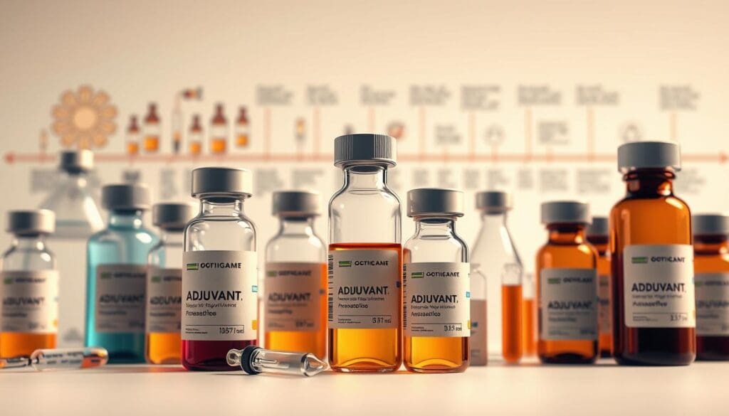 A high-quality, scientifically accurate illustration of various adjuvant drugs and their historical development, showcased on a clean, neutral background. Prominent in the foreground are several vials and ampules of different adjuvant compounds, rendered in intricate detail. The middle ground features medical equipment and laboratory glassware, hinting at the research and development process. In the background, a timeline depicts the key milestones in the discovery and evolution of adjuvants, from early immunological experiments to modern vaccine formulations. Subtle warm lighting highlights the textures and colors, creating a contemplative, educational atmosphere.