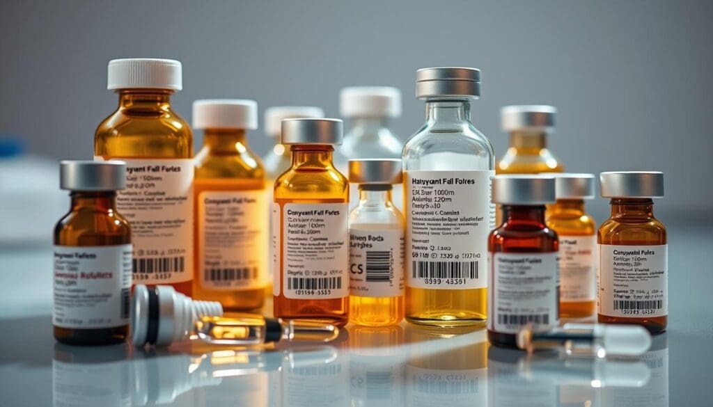 A high-angle view of an assortment of pharmaceutical bottles and vials, showcasing different adjuvant chemotherapy drugs used for bowel cancer treatment. The bottles have clear labels displaying their active ingredients, dosages, and barcodes. The bottles are arranged on a clean, reflective surface, with soft, directional lighting illuminating the scene. The background is out of focus, creating a sense of depth and emphasizing the importance of the medical products. The overall tone is professional, clinical, and informative, conveying the serious nature of cancer treatment.