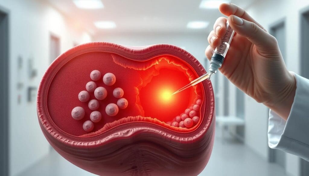 A detailed illustration of adjuvant cancer therapy, showcasing a realistic and informative medical visualization. In the foreground, a cross-section of human tissue shows the progression of cancer cells and the targeted application of adjuvant treatments. The middle ground features a doctor's hand holding a syringe, conveying the administration of these supplementary therapies. The background depicts a softly blurred medical facility, with subtle lighting and a clean, professional atmosphere. Subtle textures and photorealistic rendering create a visually engaging and educational image to accompany the article's explanation of adjuvant treatment.