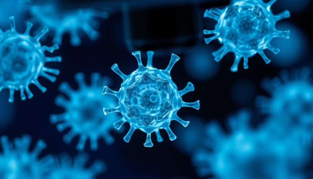 a highly detailed, macro-level photograph of microscopic disease cells, captured under a powerful scientific microscope. The image shows a vivid, close-up view of the cellular structure, revealing the intricate patterns, shapes, and textures that characterize the pathogenic organisms. The lighting is crisp and evenly distributed, creating a sense of clarity and focus. The depth of field is shallow, drawing the viewer's attention to the core of the subject matter. The image conveys a clinical, analytical mood, emphasizing the importance of understanding the microscopic nature of disease for effective medical intervention.