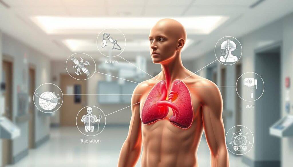 A detailed medical illustration depicting the concept of adjuvant therapy. In the foreground, a realistic human figure representing a cancer patient, with key anatomical features highlighted. Surrounding the patient, a mid-ground displaying various treatment modalities such as chemotherapy infusions, radiation beams, and targeted therapies, all converging to form a cohesive treatment plan. In the background, a softly blurred medical facility interior, conveying a sense of clinical authority and professionalism. The lighting should be natural and evenly distributed, emphasizing the subject matter. The overall tone should be informative and educational, guiding the viewer through the comprehensive understanding of adjuvant therapy.