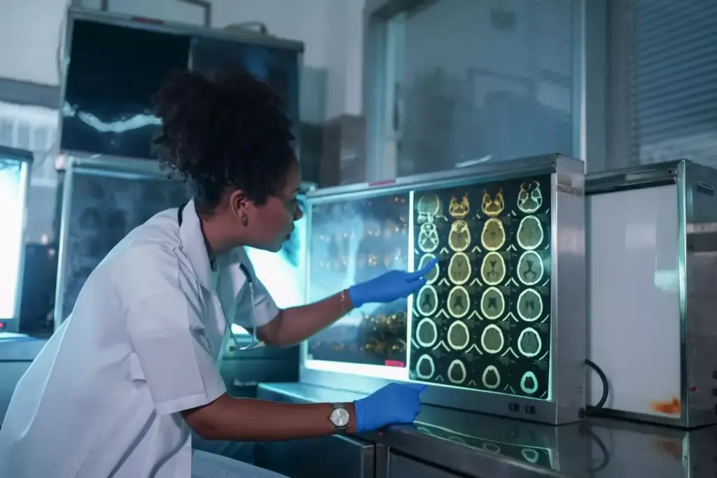 researcher looking at brain imaging results