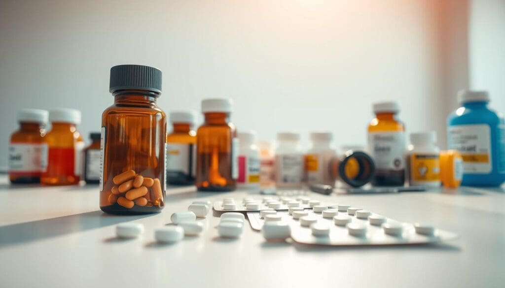 A brightly lit, close-up still life of an arrangement of various pill bottles, blister packs, and medication containers on a clean white surface. The bottles are displayed in the foreground, with a slight angle and depth of field to draw the eye. The middle ground features a few additional bottles and packages, creating a sense of depth. The background is subtly blurred, keeping the focus on the medications. Warm, natural lighting illuminates the scene, casting soft shadows and highlighting the textures of the pharmaceuticals. The overall mood is clinical yet inviting, conveying the importance and purpose of these essential drugs for blood cancer treatment.
