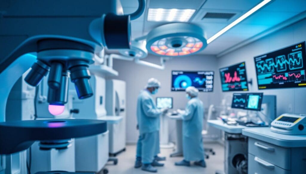 A clinical laboratory with state-of-the-art medical equipment, bathed in cool blue and white lighting. In the foreground, a microscope peers into a sample, revealing the intricate structures of leukemic cells. In the middle ground, medical professionals in sterile gowns and masks carefully administer advanced therapies, while in the background, displays show detailed molecular data and treatment progress. The atmosphere is one of scientific rigor and hope, as the latest innovations in leukemia treatment come together to combat this challenging disease.