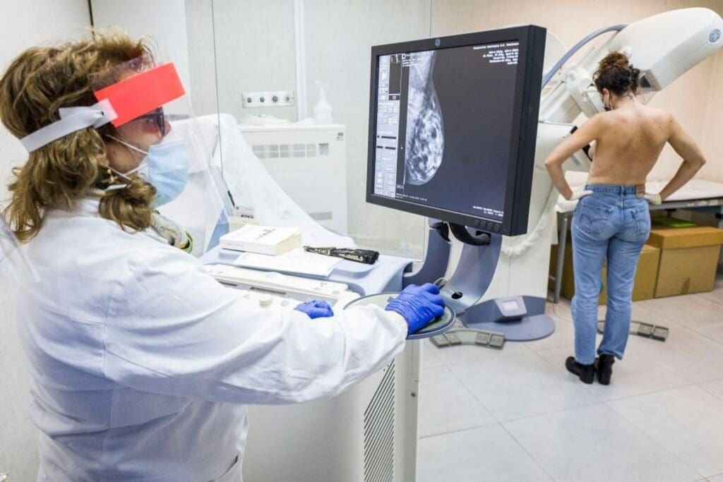 A detailed radiographic image of metastatic breast cancer in the vertebral column