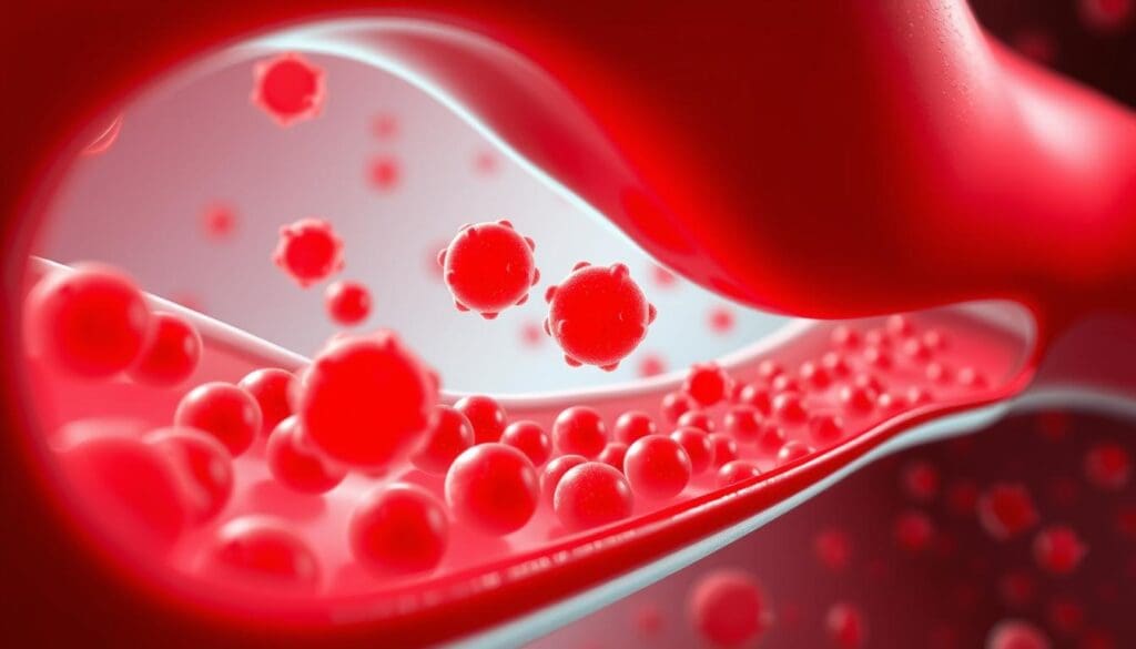 A high-quality, scientifically accurate illustration of hemoglobin levels in the human body. A cross-section of a blood vessel, showing red blood cells flowing through, with hemoglobin molecules clearly visible within the cells. Utilize a vibrant color palette, with the hemoglobin molecules depicted in shades of red and orange to convey their oxygen-carrying function. Employ a clean, minimalist style with sharp focus and detailed textures to emphasize the technical nature of the subject. Incorporate subtle lighting from the side to create depth and dimension, casting soft shadows that accentuate the 3D structure of the hemoglobin and blood cells. Present the image from an angle that allows for a clear, unobstructed view of the internal components, conveying a sense of scientific exploration and understanding.