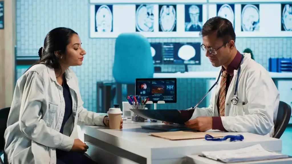 Specialist and patient discussing diagnostic results in a modern medical office