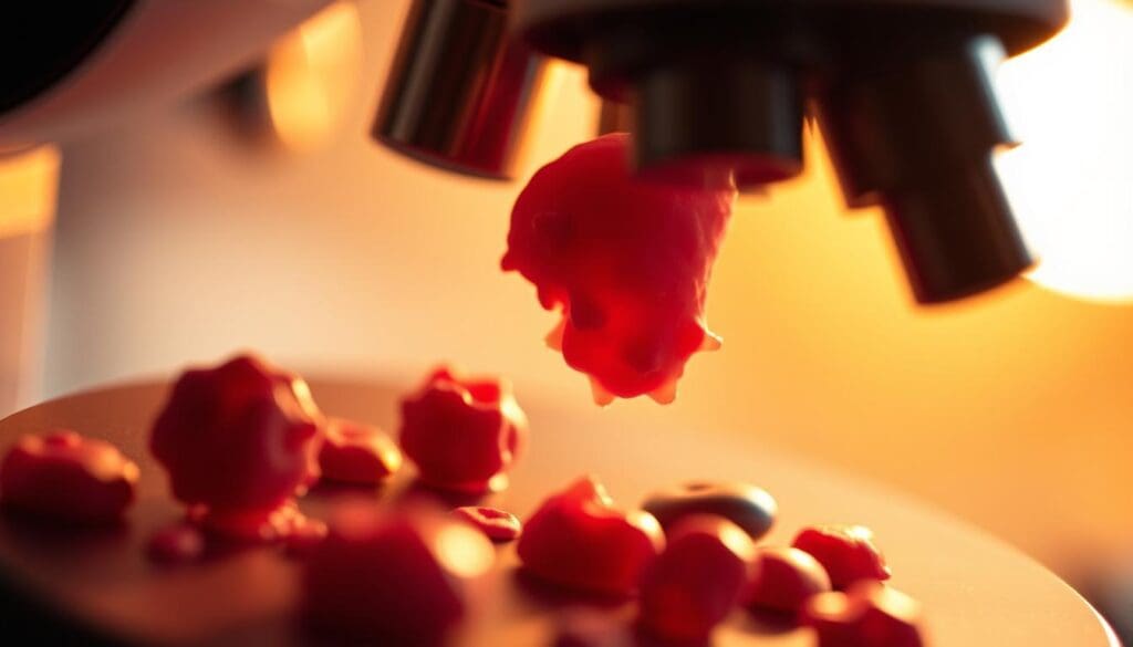 A detailed close-up view of a blood sample under a powerful microscope, showcasing the abnormal proliferation of cancerous white blood cells characteristic of leukemia. The image should have a crisp, high-resolution focus, with the cells appearing enlarged and irregularly shaped, against a softly blurred background to emphasize the subject. Subtle warm lighting from the side creates intriguing shadows and highlights the intricate cellular structures. The overall mood should convey a sense of scientific inquiry and the gravity of the medical condition.
