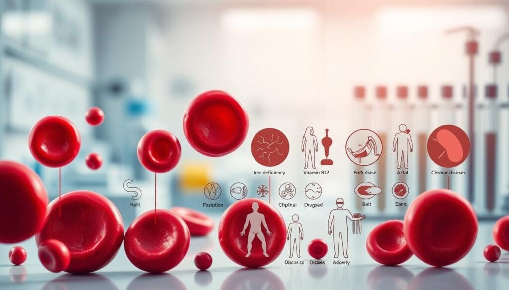 A detailed medical illustration showcasing the various types of anemia. In the foreground, red blood cells of different shapes and sizes, representing the key characteristics of different anemic conditions. In the middle ground, a collection of anatomical icons depicting the underlying causes, such as iron deficiency, vitamin B12 deficiency, and chronic diseases. In the background, a softly blurred medical laboratory setting with test tubes and diagnostic equipment, conveying the clinical context. The lighting is soft and diffused, creating a sense of educational clarity. The overall tone is informative and visually engaging, suitable for a medical article on the topic of anemia.