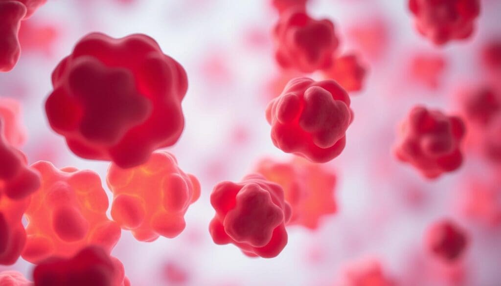 A detailed microscopic view of leukemia cells, illuminated by soft, warm lighting that highlights their intricate structures and vibrant colors. The foreground showcases the irregular, abnormal shapes and diverse hues of the cancerous white blood cells, contrasted against a clean, blurred background that emphasizes their clinical and scientific significance. The mid-ground features a subtle, ghostly silhouette of a human circulatory system, representing the systemic nature of this blood cancer. The overall mood is one of scientific inquiry and medical exploration, inviting the viewer to delve deeper into the complexities of this disease.