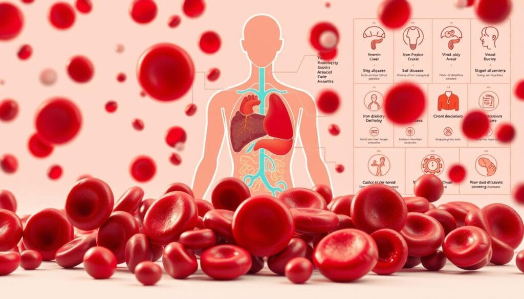 A detailed illustration of anemia types, causes, and symptoms. In the foreground, a collection of red blood cells with varying shapes and sizes, representing different anemia types. In the middle ground, a cross-section of the human body, highlighting the key organs and systems affected by anemia, such as the heart, liver, and spleen. In the background, a series of icons and infographics depicting the common causes of anemia, such as iron deficiency, vitamin deficiencies, and chronic diseases. The scene is illuminated by warm, diffuse lighting, conveying a sense of medical expertise and clinical analysis. The overall composition is clean, well-organized, and visually engaging, designed to educate and inform the viewer about the complexities of anemia.