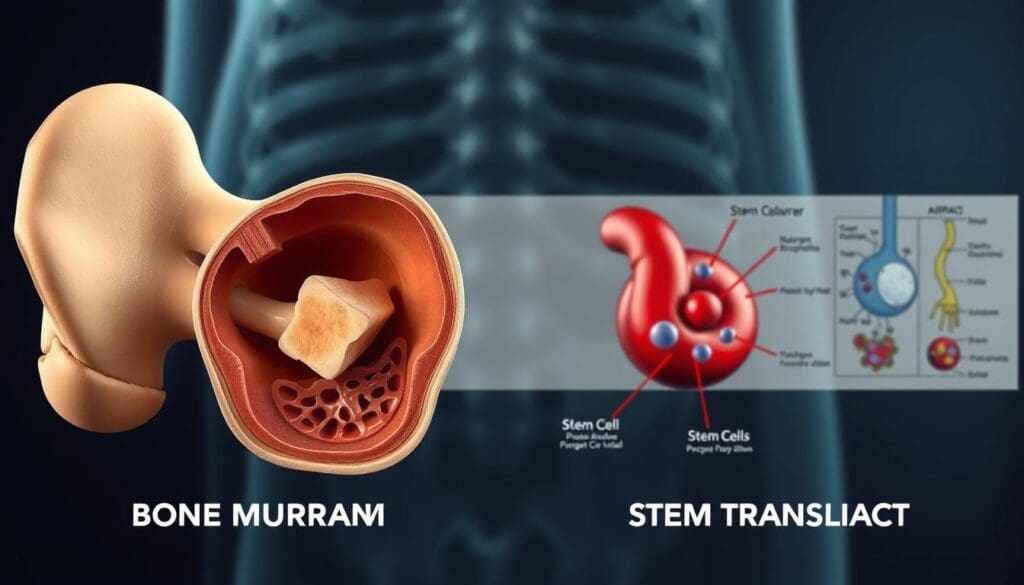 A detailed cross-sectional illustration showcasing the differences between a bone marrow transplant and a stem cell transplant. In the foreground, depict a bone marrow transplant procedure, highlighting the extraction of marrow from the hip bone. In the middle ground, contrast this with the extraction of stem cells from the bloodstream during a stem cell transplant. In the background, include a labeled diagram outlining the key anatomical structures and cellular compositions unique to each procedure. Render the image with a scientific, clinical aesthetic using muted tones, crisp lighting, and a shallow depth of field to draw the viewer's focus. A detailed cross-sectional illustration showcasing the differences between a bone marrow transplant and a stem cell transplant. In the foreground, depict a bone marrow transplant procedure, highlighting the extraction of marrow from the hip bone. In the middle ground, contrast this with the extraction of stem cells from the bloodstream during a stem cell transplant. In the background, include a labeled diagram outlining the key anatomical structures and cellular compositions unique to each procedure. Render the image with a scientific, clinical aesthetic using muted tones, crisp lighting, and a shallow depth of field to draw the viewer's focus.