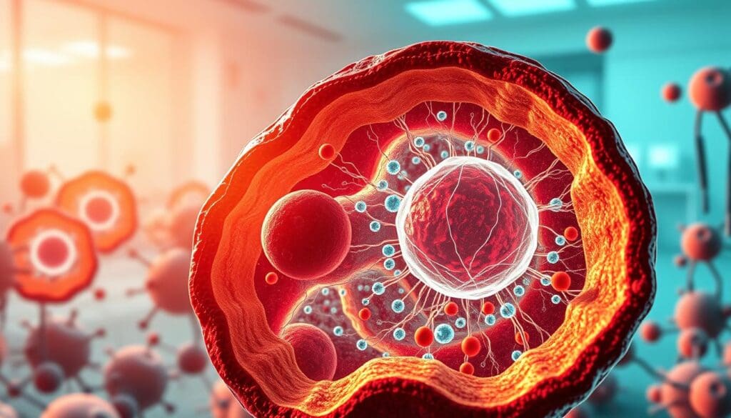 Detailed cross-section of hematopoietic stem cells, rendered in a realistic scientific illustration style. Bright, warm lighting illuminates the foreground, showcasing the intricate cellular structures and organelles. Mid-ground features a network of supporting cells and extracellular matrix, creating a dynamic 3D environment. The background subtly fades into a clean, minimalist laboratory setting, emphasizing the clinical and investigative nature of the subject matter. High-resolution, accurate anatomical details and vibrant, saturated color palette to convey the vital, life-giving properties of these blood-forming stem cells. Detailed cross-section of hematopoietic stem cells, rendered in a realistic scientific illustration style. Bright, warm lighting illuminates the foreground, showcasing the intricate cellular structures and organelles. Mid-ground features a network of supporting cells and extracellular matrix, creating a dynamic 3D environment. The background subtly fades into a clean, minimalist laboratory setting, emphasizing the clinical and investigative nature of the subject matter. High-resolution, accurate anatomical details and vibrant, saturated color palette to convey the vital, life-giving properties of these blood-forming stem cells.