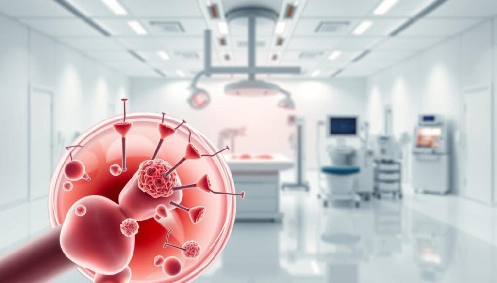 High-quality scientific illustration of stem cell and bone marrow transplant, with a clean, clinical aesthetic. Foreground shows magnified view of stem cells and bone marrow cells, with detailed anatomical accuracy. Middle ground depicts the process of harvesting and transplanting, using state-of-the-art medical equipment and facilities. Background features a minimalist, white laboratory setting with subtle lighting and shadows to create depth and focus. Conveys a sense of scientific advancement, precision, and the medical breakthroughs enabled by these treatments.