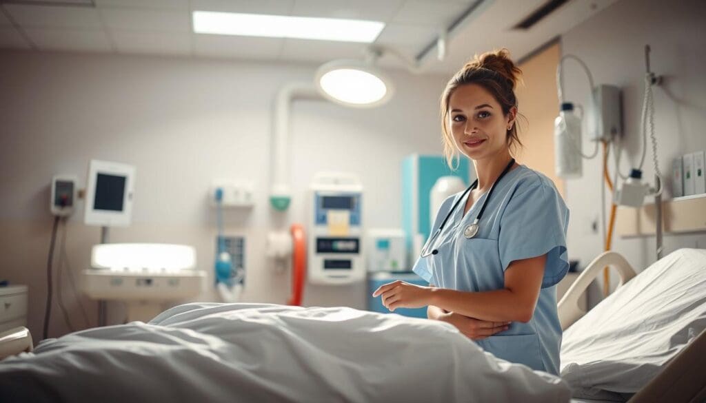 A brightly lit hospital room, clean and sterile, with a hospital bed in the foreground. In the middle ground, a nurse stands next to the bed, meticulously checking the patient's vital signs. In the background, various medical equipment and supplies suggest the importance of infection prevention. The lighting is warm and inviting, yet the scene conveys a sense of medical professionalism. The nurse's expression is one of calm and attentive care, projecting an atmosphere of reassurance and diligence. The overall composition emphasizes the patient's well-being and the hospital's commitment to infection control measures during a vulnerable medical situation.