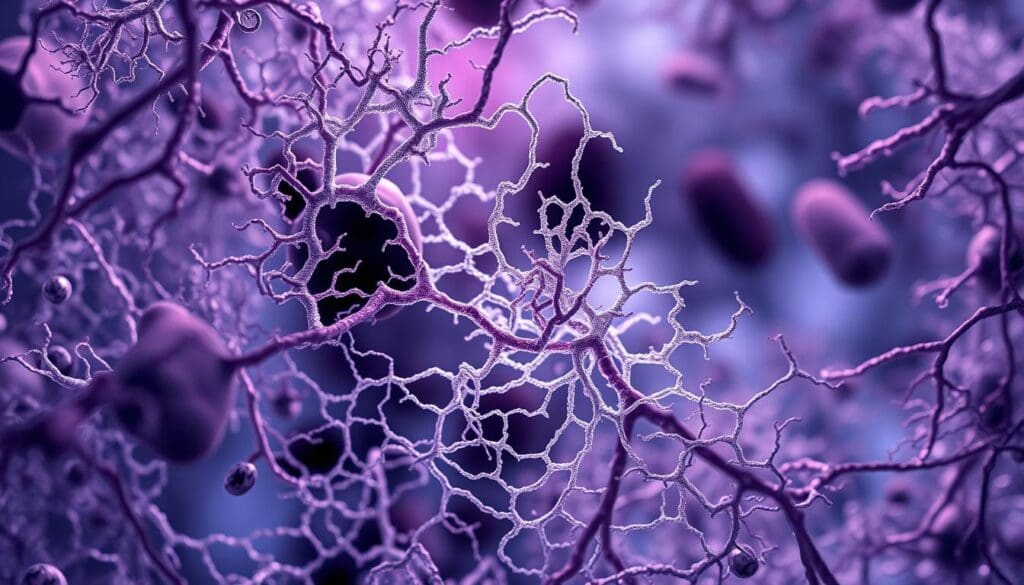 A meticulously detailed microscopic view of stromal cells within tissue, portrayed in a clinical yet captivating manner. The foreground showcases the intricate network of stromal cells, their delicate web-like structures and intricate interconnections. The middle ground reveals the surrounding extracellular matrix, a tapestry of collagen fibrils and glycoproteins that provide structural support. In the background, a faint hint of other cell types, such as epithelial or immune cells, emerges, emphasizing the crucial role of stromal cells in the overall tissue architecture and function. The lighting is subdued, with soft shadows accentuating the cellular details, creating a sense of depth and solemnity befitting the importance of these fundamental building blocks of modern medicine.