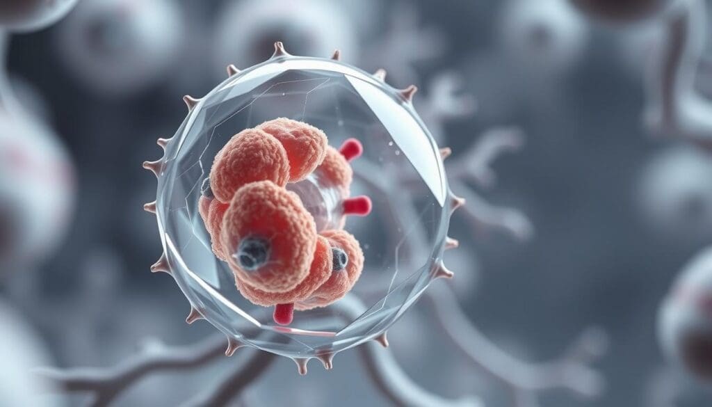 Detailed anatomical illustration of a stromal cell, with a clean, scientific aesthetic. Crisp, high-resolution rendering showcasing the cell's distinct morphology and internal structures. Foreground focuses on the cell body, with a semi-transparent view revealing the nucleus, cytoplasm, and mitochondria. Middle ground depicts the extracellular matrix and surrounding connective tissue. Subtle, muted color palette enhances the clinical, informative mood. Balanced lighting from the top left casts soft shadows, emphasizing the three-dimensional form. Captured with a close-up, macro lens perspective to provide clear, comprehensive visualization of the stromal cell's key characteristics.