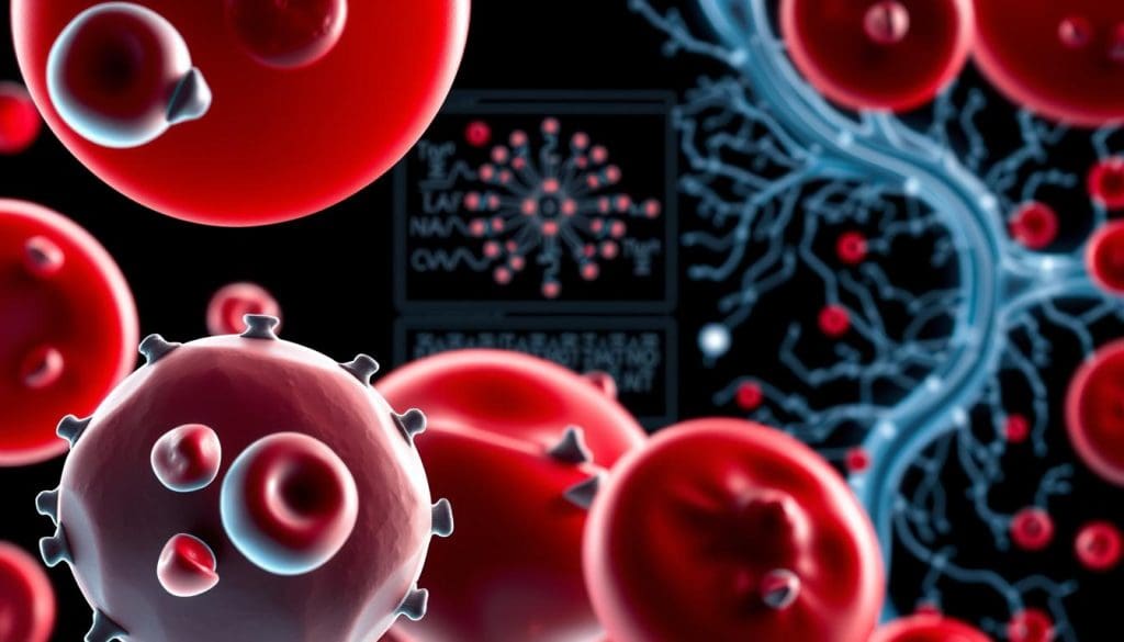 A complex, high-contrast diagram depicting the key aspects of myelodysplastic syndromes (MDS). In the foreground, a detailed illustration of blood cells, highlighting the abnormalities associated with MDS, such as immature or misshapen cells. In the middle ground, a stylized molecular diagram showcasing the genetic and cellular mechanisms underlying MDS. The background features a sleek, minimalist visualization of the hematopoietic system, with subtle shading and gradients conveying the disruption and dysregulation characteristic of the disease. Rendered with a cool, clinical color palette and sharp, technical linework to emphasize the medical and scientific nature of the subject matter. Lit from multiple angles to accentuate depth and dimensionality, creating a sense of visual complexity and depth.