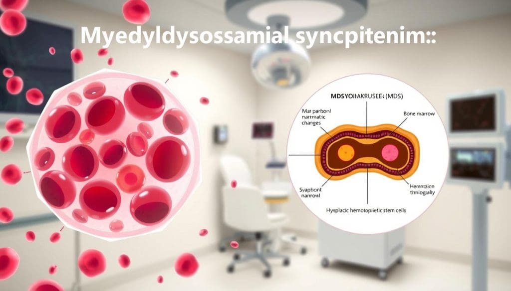 A detailed medical illustration depicting the diagnosis of myelodysplastic syndrome (MDS). In the foreground, a microscopic view of abnormal blood cells, showcasing the hallmark morphological changes characteristic of MDS. In the middle ground, a labeled diagram of the bone marrow, highlighting the dysplastic hematopoietic stem cells. In the background, a soft-lit, clinical setting with medical equipment, conveying the professional, diagnostic atmosphere. The lighting is clean and directional, emphasizing the technical details. The overall tone is informative and scientific, reflecting the importance of accurate MDS diagnosis for effective treatment. A detailed medical illustration depicting the diagnosis of myelodysplastic syndrome (MDS). In the foreground, a microscopic view of abnormal blood cells, showcasing the hallmark morphological changes characteristic of MDS. In the middle ground, a labeled diagram of the bone marrow, highlighting the dysplastic hematopoietic stem cells. In the background, a soft-lit, clinical setting with medical equipment, conveying the professional, diagnostic atmosphere. The lighting is clean and directional, emphasizing the technical details. The overall tone is informative and scientific, reflecting the importance of accurate MDS diagnosis for effective treatment.