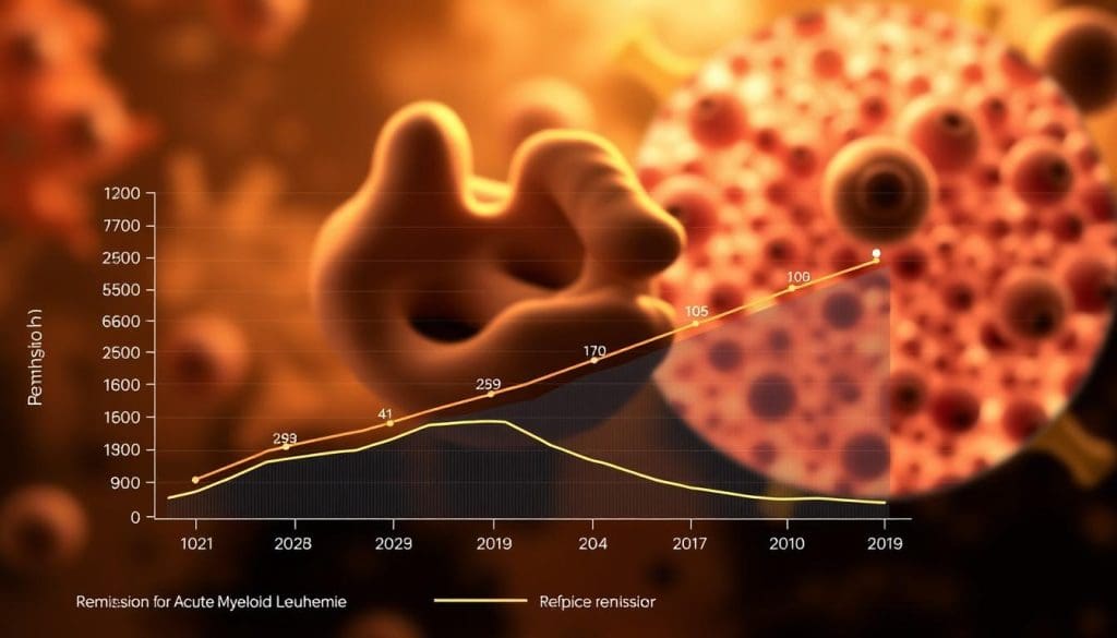 A detailed medical chart depicting the remission statistics for Acute Myeloid Leukemia. In the foreground, a line graph shows the typical remission rates over time, with clear data points and labels. The middle ground features a 3D model of a bone marrow sample, highlighting the cellular changes during remission. In the background, a microscopic view showcases the morphological characteristics of leukemic cells. The scene is bathed in a soft, warm lighting, creating a contemplative, research-oriented atmosphere. The overall composition conveys a sense of scientific precision and medical insight into the relapse patterns of this challenging cancer.