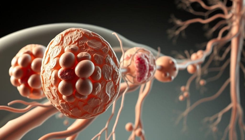 A detailed cross-section of various lymphoma types, depicted with scientific accuracy and visual clarity. Prominent lymph nodes in the foreground, showcasing the distinct morphological features and color variations of different lymphoma subtypes. The middle ground highlights the intricate network of lymphatic vessels, while the distant background depicts the overall lymphatic system architecture. Rendered in a muted, diagnostic color palette with crisp, high-resolution detail. Lighting is soft and directional, emphasizing the three-dimensional form and textural qualities of the lymphatic structures. The composition strikes a balance between technical precision and artistic aesthetics, serving as an informative yet visually compelling illustration of lymphoma types.