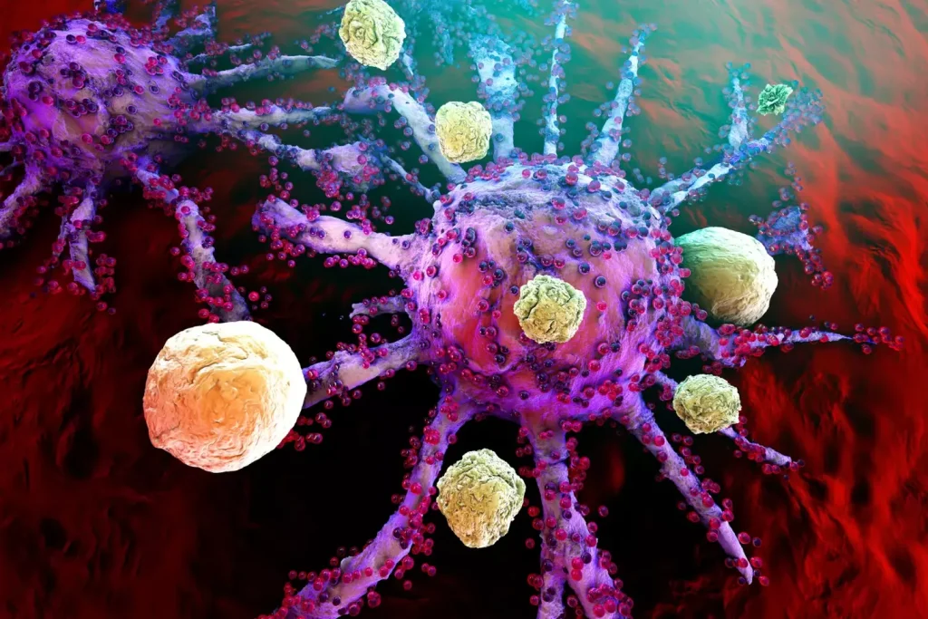 A vibrant and detailed illustration of the immune response mechanism in CAR T-cell therapy. In the foreground, a genetically engineered T-cell is seen engulfing and destroying a cancer cell, with a warm, golden-hued glow emanating from the interaction. In the middle ground, a network of interconnected immune cells, including macrophages and dendritic cells, coordinate the broader immune response. The background features a subtly pulsing grid of bioluminescent signaling pathways, conveying the complex, dynamic nature of the process. The scene is lit by a soft, directional light source, casting dramatic shadows and highlights to enhance the sense of depth and three-dimensionality. The overall mood is one of scientific precision and biological vitality, reflecting the power and precision of the CAR T-cell therapy mechanism.