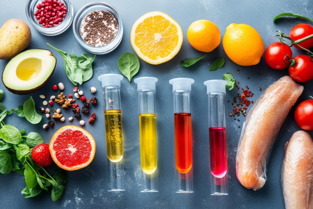 fresh food ingredients colorful liquid samples test tubes healthy eating research LIV Hospital