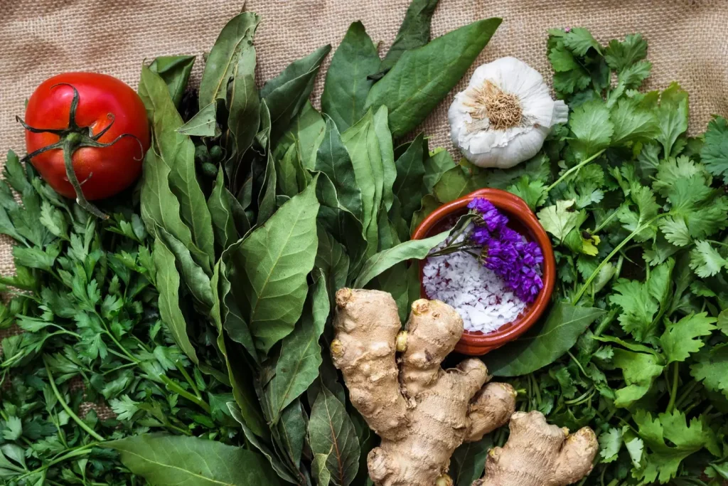 A lush, verdant arrangement of various adaptogenic herbs, their vibrant leaves and flowers captured in a soft, diffused light. In the foreground, a cluster of ginseng roots, their gnarled tendrils reaching upwards. Surrounding them, a mix of ashwagandha, rhodiola, and holy basil, their leaves shimmering with a delicate sheen. In the middle ground, a sprinkling of astragalus pods and reishi mushrooms, their earthy tones complementing the greens. The background features a hazy, out-of-focus landscape, suggesting a serene, natural setting. The overall mood is one of harmony, balance, and the restorative power of these ancient medicinal herbs.