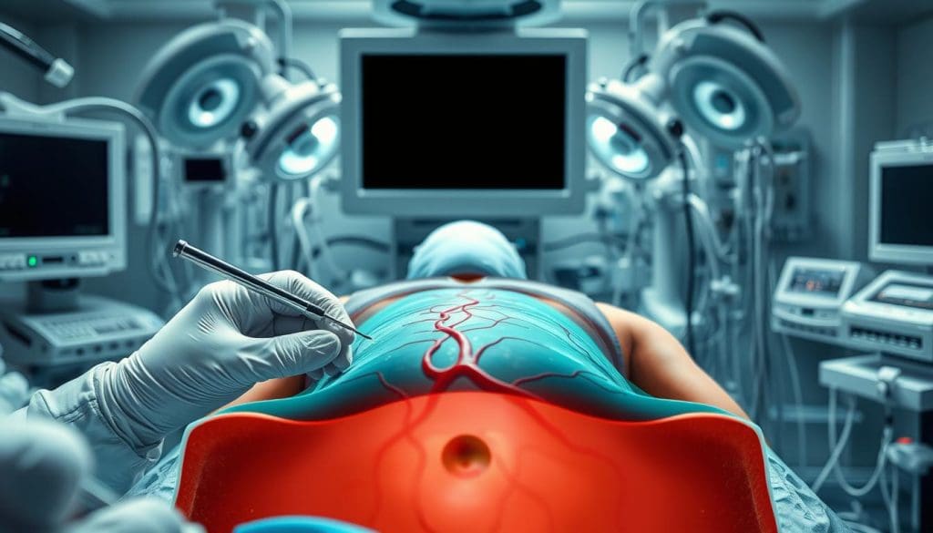 A detailed cross-section view of a stem cell transplant procedure, capturing the key steps with scientific accuracy. In the foreground, a team of medical professionals carefully administering the transplant, their hands wielding specialized instruments. In the middle ground, the patient's body, their veins and arteries visible, as the stem cells are introduced. The background features a complex network of medical equipment, tubes, and monitors, conveying the technical complexity of the procedure. The lighting is clean and clinical, emphasizing the precision and care required. The overall mood is one of scientific rigor and the patient's hope for recovery.