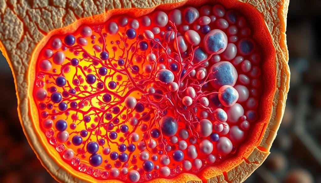 A detailed cross-section of the internal structure of bone marrow, showcasing its critical function. The foreground depicts a vibrant, intricate network of hematopoietic stem cells, progenitor cells, and mature blood cells in various stages of development. The middle ground reveals the supporting stromal cells, blood vessels, and fat cells that nourish and regulate the marrow's activities. In the background, the dense, trabecular bone matrix provides the structural framework, illuminated by warm, directional lighting that enhances the three-dimensional depth and textural complexity of the composition. The overall scene conveys the vital, dynamic nature of bone marrow and its essential role in the body's blood and immune system maintenance.