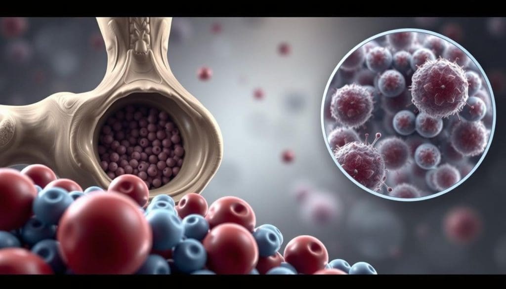 A detailed, realistic medical illustration of acute myeloid leukemia (AML). The foreground depicts abnormal, rapidly-dividing myeloid cells crowding out healthy blood cells in the bone marrow. The middle ground shows a cross-section of the bone, with the marrow cavity filled with the malignant cells. The background features a microscopic view of the individual mutant cells, with their irregular shapes and hyperactive nuclei. The lighting is soft and clinical, with a color palette of muted grays, blues, and reds to convey the seriousness of the disease. The overall mood is one of scientific study and medical understanding. A detailed, realistic medical illustration of acute myeloid leukemia (AML). The foreground depicts abnormal, rapidly-dividing myeloid cells crowding out healthy blood cells in the bone marrow. The middle ground shows a cross-section of the bone, with the marrow cavity filled with the malignant cells. The background features a microscopic view of the individual mutant cells, with their irregular shapes and hyperactive nuclei. The lighting is soft and clinical, with a color palette of muted grays, blues, and reds to convey the seriousness of the disease. The overall mood is one of scientific study and medical understanding.