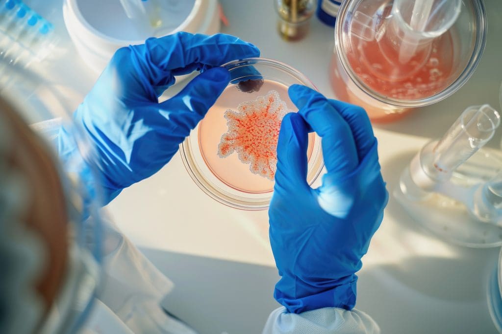 scientist analyzing fungal growth petri dish laboratory with safety gloves LIV Hospital