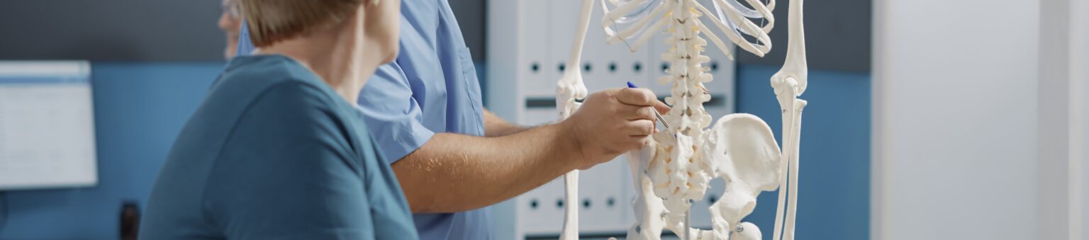 male doctor pointing human skeleton show spinal cord explain mechanical disorders rehabilitation cabinet specialist explaining back bones system physical therapy 9 LIV Hospital