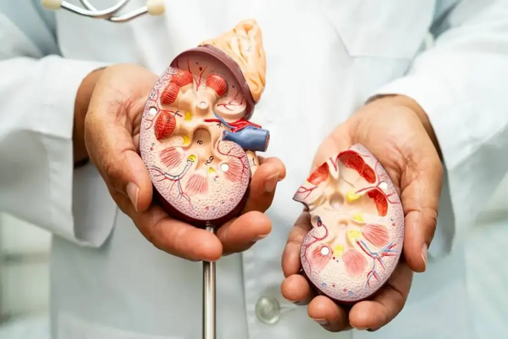 A vibrant glass of fresh cranberry juice sits prominently in the foreground, droplets of condensation glistening on the surface. The juice is a rich, deep red, surrounded by whole cranberries scattered artistically. In the middle ground, a wooden cutting board features fresh cranberries and a few sprigs of mint, adding a touch of greenery. The background is softly blurred, displaying a well-lit kitchen scene with sunlight streaming through a window, creating a warm and inviting atmosphere. The mood is health-focused and refreshing, ideal for conveying the benefits of cranberry juice for kidney health. The image should have a soft-focus lens effect, enhancing the inviting vibe without distractions. 5 Best Fruit Juices for Kidney Health and Detox