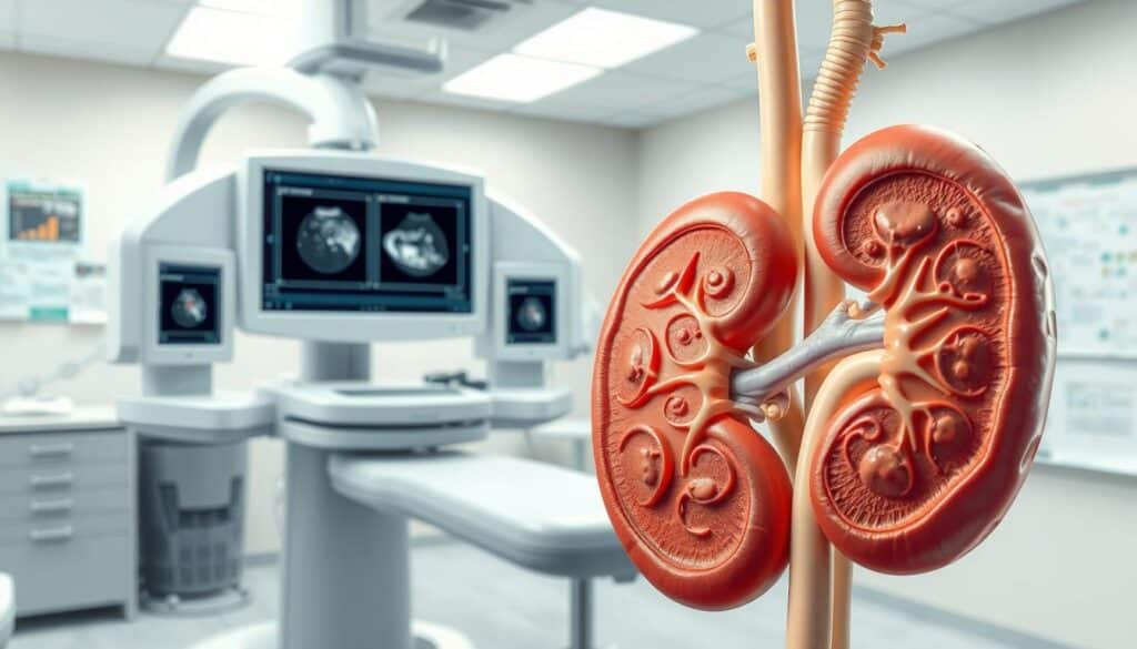 A detailed medical illustration depicting the clinical features and diagnosis of Autosomal Recessive Polycystic Kidney Disease (ARPKD). In the foreground, a doctor in professional attire examines a 3D anatomical model of the kidneys, showcasing cystic growths and the typical morphology of ARPKD. The middle ground features a high-tech diagnostic machine displaying ultrasound images of cystic kidneys, highlighting abnormalities. In the background, a neutral-toned medical office with charts and educational materials on ARPKD. The lighting is bright and clinical, capturing the detail of the anatomy accurately. A sense of professionalism and seriousness permeates the atmosphere, aiming to convey the importance of accurate diagnosis and awareness of this condition. A detailed medical illustration depicting the clinical features and diagnosis of Autosomal Recessive Polycystic Kidney Disease (ARPKD). In the foreground, a doctor in professional attire examines a 3D anatomical model of the kidneys, showcasing cystic growths and the typical morphology of ARPKD. The middle ground features a high-tech diagnostic machine displaying ultrasound images of cystic kidneys, highlighting abnormalities. In the background, a neutral-toned medical office with charts and educational materials on ARPKD. The lighting is bright and clinical, capturing the detail of the anatomy accurately. A sense of professionalism and seriousness permeates the atmosphere, aiming to convey the importance of accurate diagnosis and awareness of this condition.