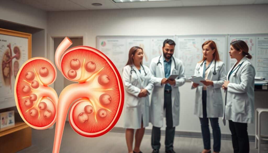 A stylized medical diagram illustrating the concept of ARPKD (Autosomal Recessive Polycystic Kidney Disease). In the foreground, a detailed cutaway view of a human kidney with cysts forming, showcasing the internal structure and how ARPKD affects kidney function. In the middle ground, include a diverse group of healthcare professionals, dressed in professional attire, discussing the diagram with focused expressions, indicating collaboration and research. In the background, a well-lit medical office with anatomical charts and kidney disease literature. The lighting should be soft and professional, enhancing the mood of clinical study and serious discussion. The image should be clear and educational, inviting viewers to learn more about kidney disease without any text or distractions. A stylized medical diagram illustrating the concept of ARPKD (Autosomal Recessive Polycystic Kidney Disease). In the foreground, a detailed cutaway view of a human kidney with cysts forming, showcasing the internal structure and how ARPKD affects kidney function. In the middle ground, include a diverse group of healthcare professionals, dressed in professional attire, discussing the diagram with focused expressions, indicating collaboration and research. In the background, a well-lit medical office with anatomical charts and kidney disease literature. The lighting should be soft and professional, enhancing the mood of clinical study and serious discussion. The image should be clear and educational, inviting viewers to learn more about kidney disease without any text or distractions.