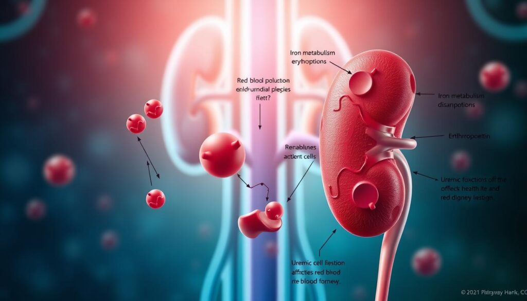 A detailed and visually engaging illustration depicting the mechanisms of anemia in chronic kidney disease (CKD). In the foreground, feature a highly detailed diagram of renal function and erythropoiesis, showcasing red blood cells being produced under the influence of erythropoietin. The middle ground should include graphical representations of iron metabolism disruptions and uremic toxins affecting red blood cell lifespan. In the background, a soft-focus kidney structure, colored in shades of blue and green, symbolizes kidney health. Utilize a dynamic, scientific aesthetic with bright, clinical lighting that enhances the details of the diagram. The mood should be informative and professional, aiming to educate viewers about the interplay of kidney disease and anemia. Use a slightly elevated angle for a comprehensive view, ensuring clarity and focus on key components. Why Does Kidney Disease Cause Anemia?