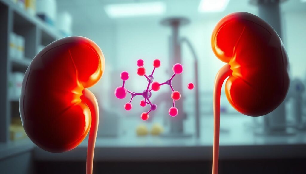 A detailed, anatomical illustration focusing on the kidneys' role in red blood cell production influenced by erythropoietin. In the foreground, depict a pair of healthy, 3D-rendered kidneys, highlighted with light to emphasize their structure and function. The middle ground should feature erythropoietin molecules, represented as vibrant, abstract shapes circulating around the kidneys, symbolizing their interaction. In the background, softly blurred, include a laboratory or medical setting to suggest a professional atmosphere. Use soft, natural lighting to create an informative yet calming mood, and opt for a slightly elevated angle to provide depth. The composition should emphasize the connection between kidney function and anemia without any text or distractions. Why Does Kidney Disease Cause Anemia?
