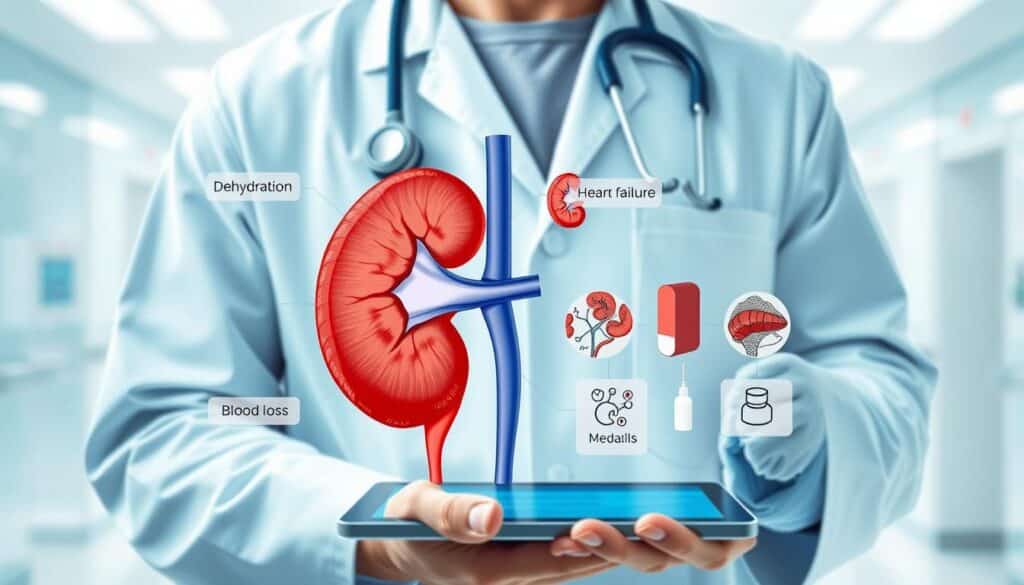 A medical illustration depicting the five main causes of prerenal acute kidney injury (AKI). In the foreground, a professional healthcare provider in a lab coat examines a detailed anatomical diagram of the kidneys and renal blood flow on a digital tablet. The middle ground features labeled illustrations of the causes: dehydration, heart failure, sepsis, blood loss, and medications, artistically represented with anatomical elements and symbols for clarity. The background showcases a bright and sterile clinical setting, with soft lighting to create a professional atmosphere. The whole scene should convey a sense of urgency and importance, focusing on education and awareness around renal health. The image should be crisp and clear, utilizing a wide-angle lens perspective for depth.