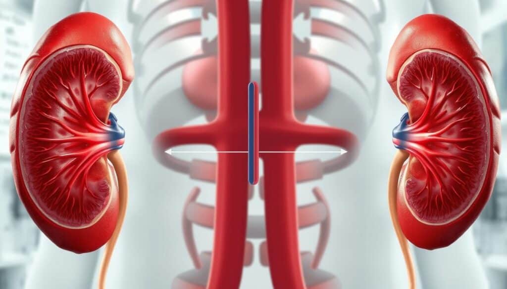 A detailed anatomical illustration of the human kidneys with a focus on prerenal acute kidney injury. In the foreground, a cross-sectional view of healthy kidneys and a comparison section showing the effects of prerenal acute kidney injury, highlighting reduced blood flow. In the middle, a faint diagrammatic flow of blood vessels leading to the kidneys, representing potential causes such as dehydration or heart problems. The background features subtle, blurred medical charts and diagrams, enhancing the clinical feel. The lighting is bright and clinical, as if in a medical laboratory, with a slight focus on the anatomical details. The atmosphere is informative and educational, inviting viewers to understand renal health.