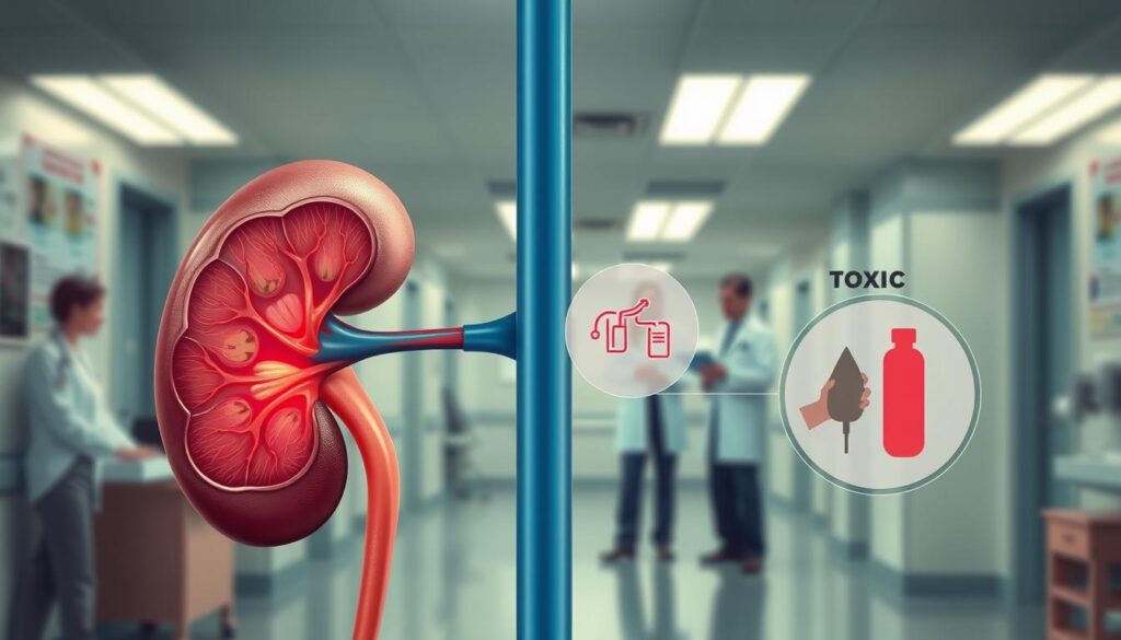 A medical illustration of acute kidney injury causes, centered on the human kidneys under a detailed anatomical view. In the foreground, realistic kidney structures with clear labels, showcasing inflammation, dehydration, and toxic damage. The middle ground should feature visual representations of common causes such as high blood pressure and diabetes in a subtle graphic style. The background includes a blurred hospital environment with medical professionals in professional attire consulting over charts. Soft overhead lighting illuminates the scene, enhancing the clarity of the anatomical details. The overall mood is informative and clinical, with a focus on education in a serene and professional atmosphere.