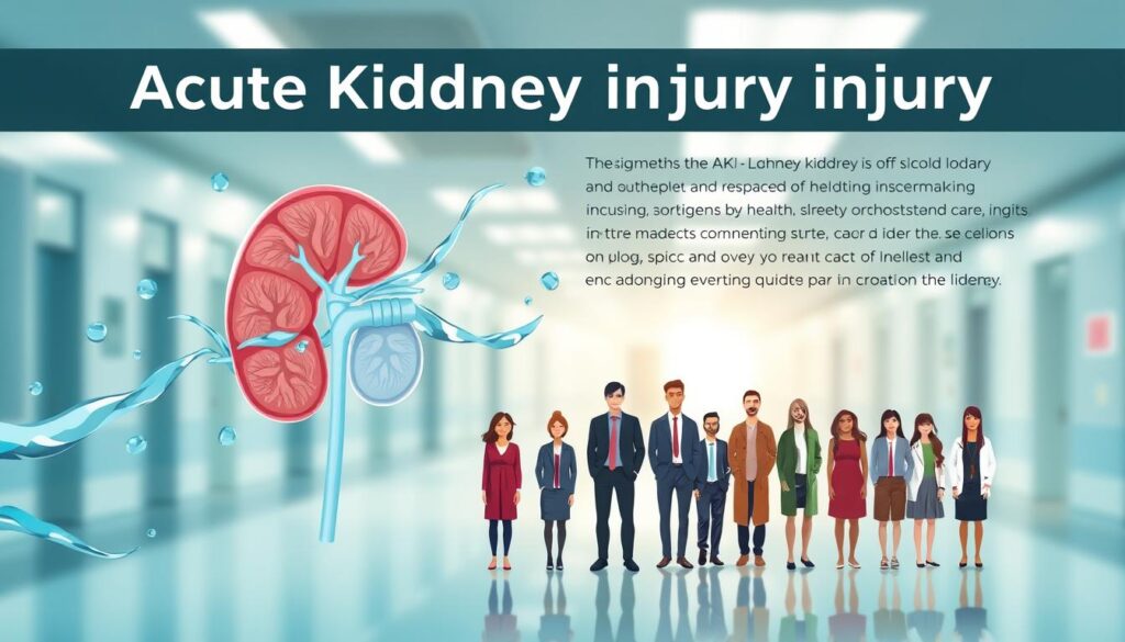 A visually striking infographic depicting the prevalence of Acute Kidney Injury (AKI). In the foreground, a stylized kidney diagram showcases its anatomy surrounded by flowing streams of water symbolizing life and health. In the middle ground, various demographic figures are illustrated, representing diverse ethnicities and age groups, all dressed in professional business attire to emphasize a clinical approach to health. The background features a soft, blurred hospital setting with gentle, ambient lighting to create a calm and informative atmosphere. The color palette should include soothing blues and greens, enhancing a sense of care and awareness. The overall mood is educational and serious, highlighting the importance of understanding AKI in modern healthcare.
