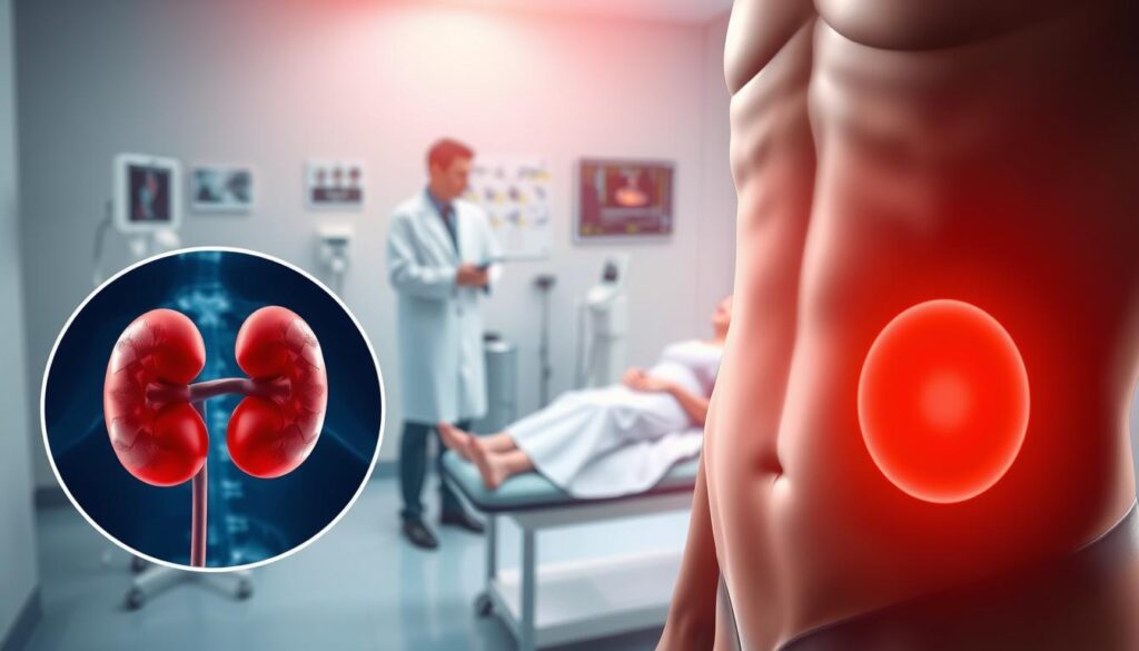 A medical illustration depicting kidney trauma symptoms in a clinical setting. In the foreground, a detailed visual of a human torso with emphasis on the kidney area, showcasing symptoms such as bruising or swelling. The middle ground features a healthcare professional, dressed in a white lab coat, examining a patient, who is in a modest hospital gown, lying on an examination table with a pained expression. The background includes medical equipment like an ultrasound machine and anatomical charts. Use soft, focused lighting to create a calm, informative atmosphere, with a slight depth of field that emphasizes the kidney area. The angle should be a mid-range shot, capturing both the professional consultation and the highlighted symptoms of kidney trauma. A medical illustration depicting kidney trauma symptoms in a clinical setting. In the foreground, a detailed visual of a human torso with emphasis on the kidney area, showcasing symptoms such as bruising or swelling. The middle ground features a healthcare professional, dressed in a white lab coat, examining a patient, who is in a modest hospital gown, lying on an examination table with a pained expression. The background includes medical equipment like an ultrasound machine and anatomical charts. Use soft, focused lighting to create a calm, informative atmosphere, with a slight depth of field that emphasizes the kidney area. The angle should be a mid-range shot, capturing both the professional consultation and the highlighted symptoms of kidney trauma.