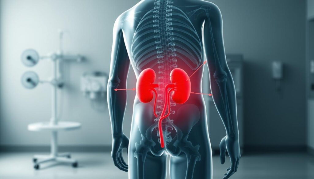 An anatomical illustration showcasing the symptoms of a ruptured kidney due to trauma. In the foreground, depict a conceptual human silhouette in a standing position, with transparent anatomical outlines showcasing internal organs, particularly the kidneys. Highlight the kidneys in a vibrant red to indicate injury, with arrows pointing to areas of pain like the lower back and abdomen. In the middle ground, include soft depictions of pain indicators such as wavy lines around the kidney area and subtle shadowing to create depth. The background should be a muted clinical setting, featuring blurred medical equipment for context. Use soft, diffused lighting to create a calm yet serious atmosphere, with a focus on clarity and anatomical accuracy, captured from an eye-level angle. An anatomical illustration showcasing the symptoms of a ruptured kidney due to trauma. In the foreground, depict a conceptual human silhouette in a standing position, with transparent anatomical outlines showcasing internal organs, particularly the kidneys. Highlight the kidneys in a vibrant red to indicate injury, with arrows pointing to areas of pain like the lower back and abdomen. In the middle ground, include soft depictions of pain indicators such as wavy lines around the kidney area and subtle shadowing to create depth. The background should be a muted clinical setting, featuring blurred medical equipment for context. Use soft, diffused lighting to create a calm yet serious atmosphere, with a focus on clarity and anatomical accuracy, captured from an eye-level angle.